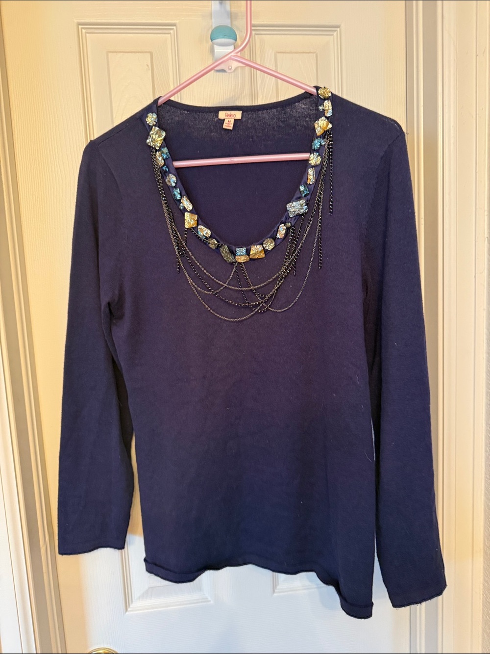 Reba Women's Navy Embellished Necklace Sweater Top - Brand Unknown